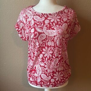 Loft red and white floral paisley linen blend top, size small
